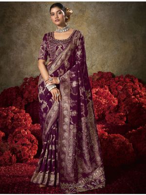 Wine Soft Silk Embroidered Saree With Diamond Work
