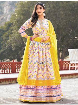 yellow dola silk printed readymade gown with dupatta fabgo20262