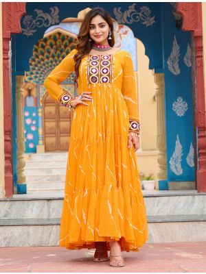 yellow georgette gown with leheriya print and kutchi patch work fabgo20390