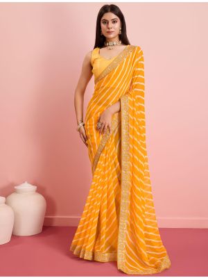 Yellow Georgette Party Wear Saree With Leheriya Print thumbnail FABSA22275