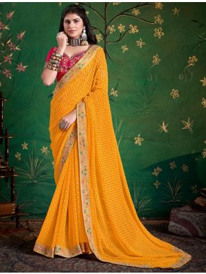 Yellow Georgette Printed Saree With Embroidery