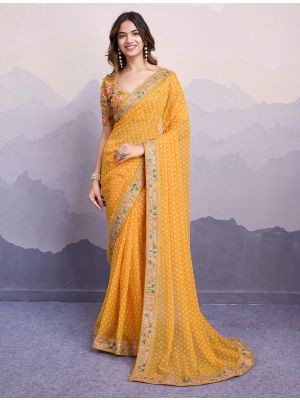 Yellow Georgette Saree With Bandhani Print And Embroidery