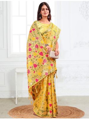 Yellow Linen Cotton Jacquard Woven Saree