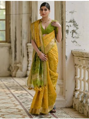 Yellow Raw Silk Blend Saree With Ikat Weaving