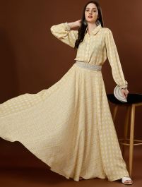 Yellow Chiffon Satin Modern Indo Western Dress Online FABKU20777 FABANZA