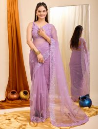 Light Purple Net Party Wear Saree With Sequins Online FABSA22257 FABANZA