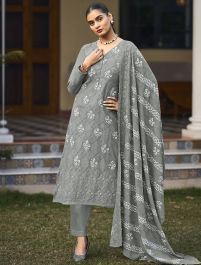 Steel Grey Pure Cotton Salwar Kameez With Resham Work