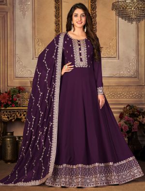 Wine Faux Georgette Semi Stitched Anarkali Suit small FABSL21315
