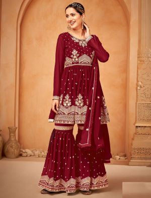 Maroon Georgette Sharara Suit With Thread Embroidery small FABSL21431