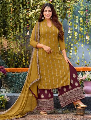 Mustard Georgette Embroidered Palazzo Suit small FABSL21400