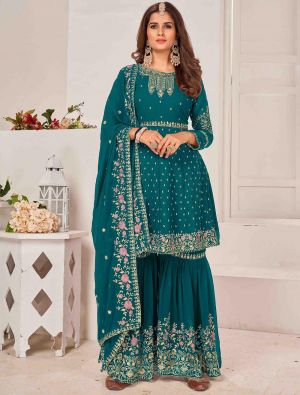 Teal Georgette Sharara Suit With Multi Thread Work small FABSL21444