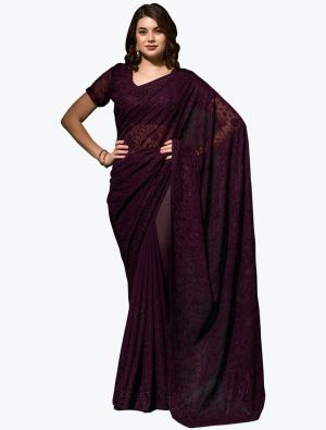 Wine Blooming Georgette Embroidered Saree