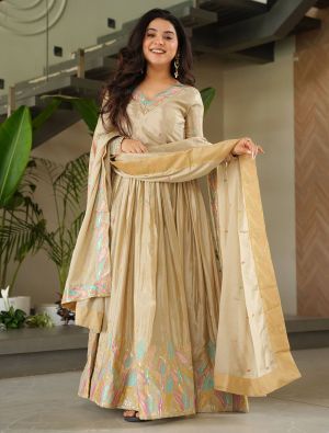 beige chinon flared gown with dupatta fabgo20369