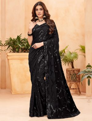 Black Georgette Blooming Saree With Sequins