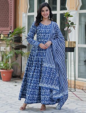 Blue Cotton Printed Ready To Wear Salwar Kameez FABSL22139