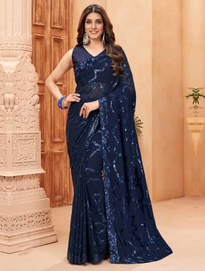 Dark Blue Georgette Blooming Saree With Sequins