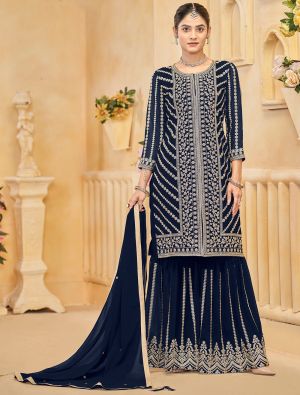 Dark Blue Georgette Embroidered Ready To Wear Sharara Suit FABSL22137