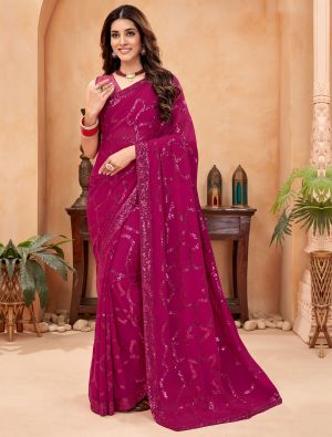 Dark Pink Georgette Blooming Saree With Sequins