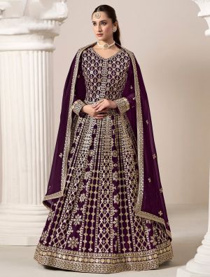 Dark Purple Georgette Embroidered Anarkali Suit small FABSL21940