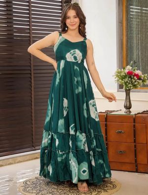 dark teal rayon digital printed flared stylish gown   fabgo20329