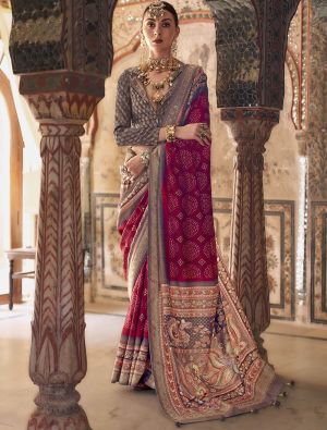 Deep Red Viscose Silk Saree With Weaving And Dew Drop Print