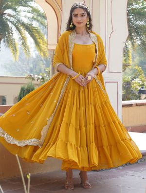 deep yellow georgette anarkali gown with sequined dupatta fabgo20289