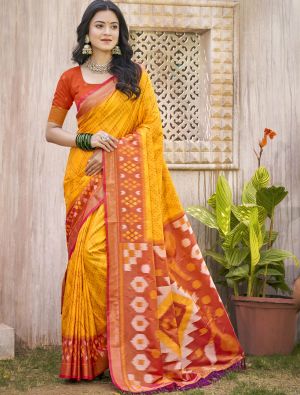Deep Yellow Pochampally Silk Festive Saree