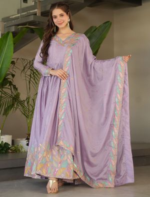 light purple chinon flared gown with dupatta fabgo20370
