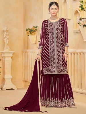 Maroon Georgette Embroidered Ready To Wear Sharara Suit FABSL22138