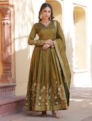 mehendi green viscose cosmos sequined anarkali gown with dupatta fabgo20292