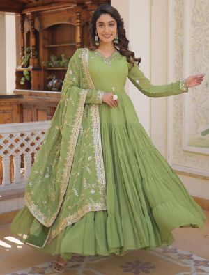 pastel green georgette sequined anarkali gown with dupatta fabgo20283
