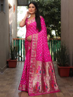 Pink Dola Silk Bandhej Printed Saree With Zari Work