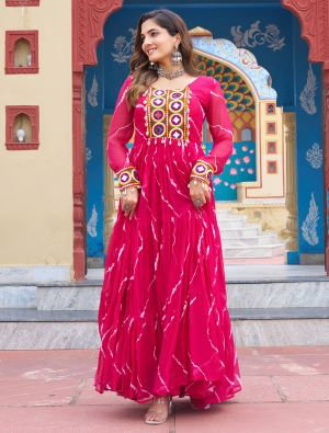 pink georgette gown with leheriya print and kutchi patch work fabgo20389