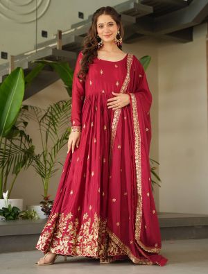 red chinon elegant gown with dupatta fabgo20395
