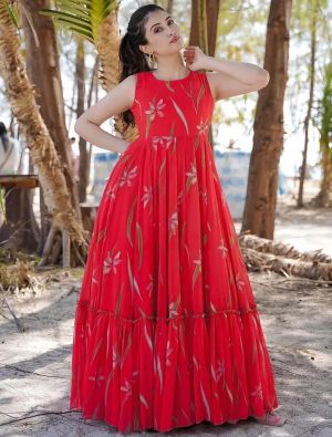 red georgette digital printed flared stylish gown   fabgo20333