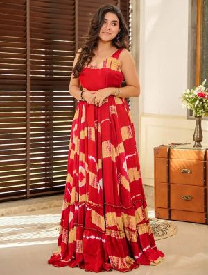 red rayon digital printed flared stylish gown   fabgo20328