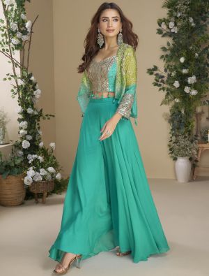 sea green chinon ready to wear top with bottom and jacket small fabku21146