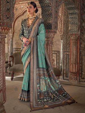 Sea Green Viscose Silk Saree With Weaving And Dew Drop Print