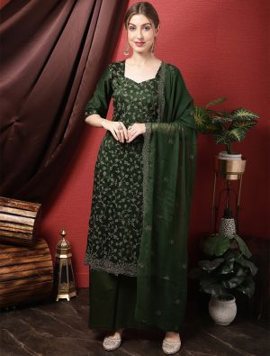 Green Cotton Blend Palazzo Suit With Resham Thread Work small FABSL21468