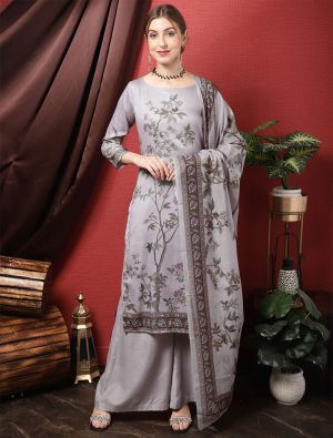 Grey Cotton Blend Digital Printed Palazzo Suit small FABSL21464