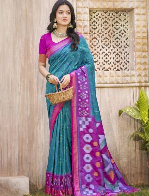 Teal Blue Pochampally Silk Festive Saree