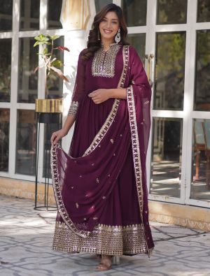 wine georgette flared anarkali gown with dupatta fabgo20340