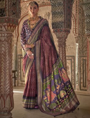 Wine Viscose Silk Saree With Weaving And Dew Drop Print