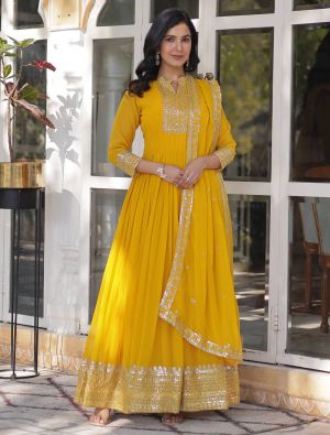 yellow georgette flared anarkali gown with dupatta fabgo20341