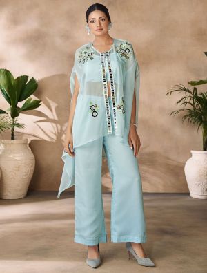 aqua blue organza designer co ord set with hand work fabku21113