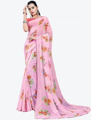 Baby Pink Printed Lace Bordered Chiffon Designer Saree small FABSA21017