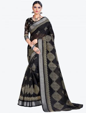 Black Printed Cotton Silk Designer Saree small FABSA20995
