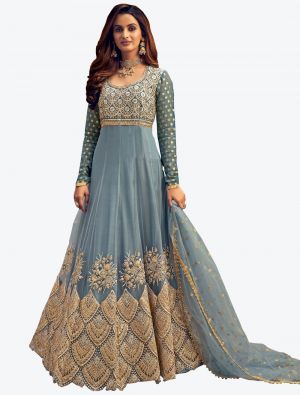 Bluish Grey Butterfly Net Semi Stitched Anarkali Floor Length Suit with Dupatta small FABSL20427