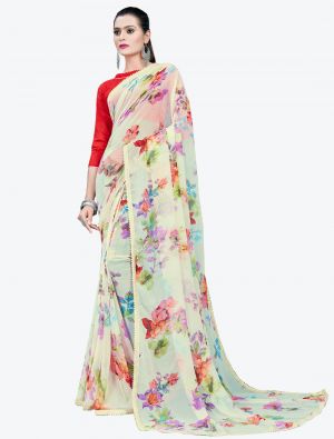 Cream Printed Lace Bordered Chiffon Designer Saree FABSA21018