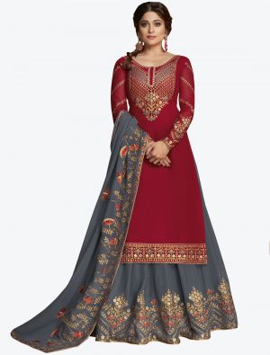 Dark Red Pure Georgette Jari And Resham Embroidered Designer Suit with Dupatta small FABSL20449